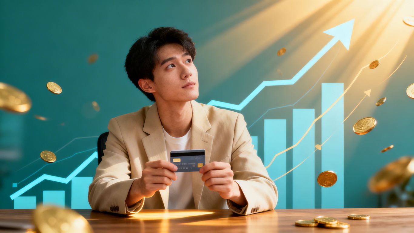 Person with credit card, financial growth background.