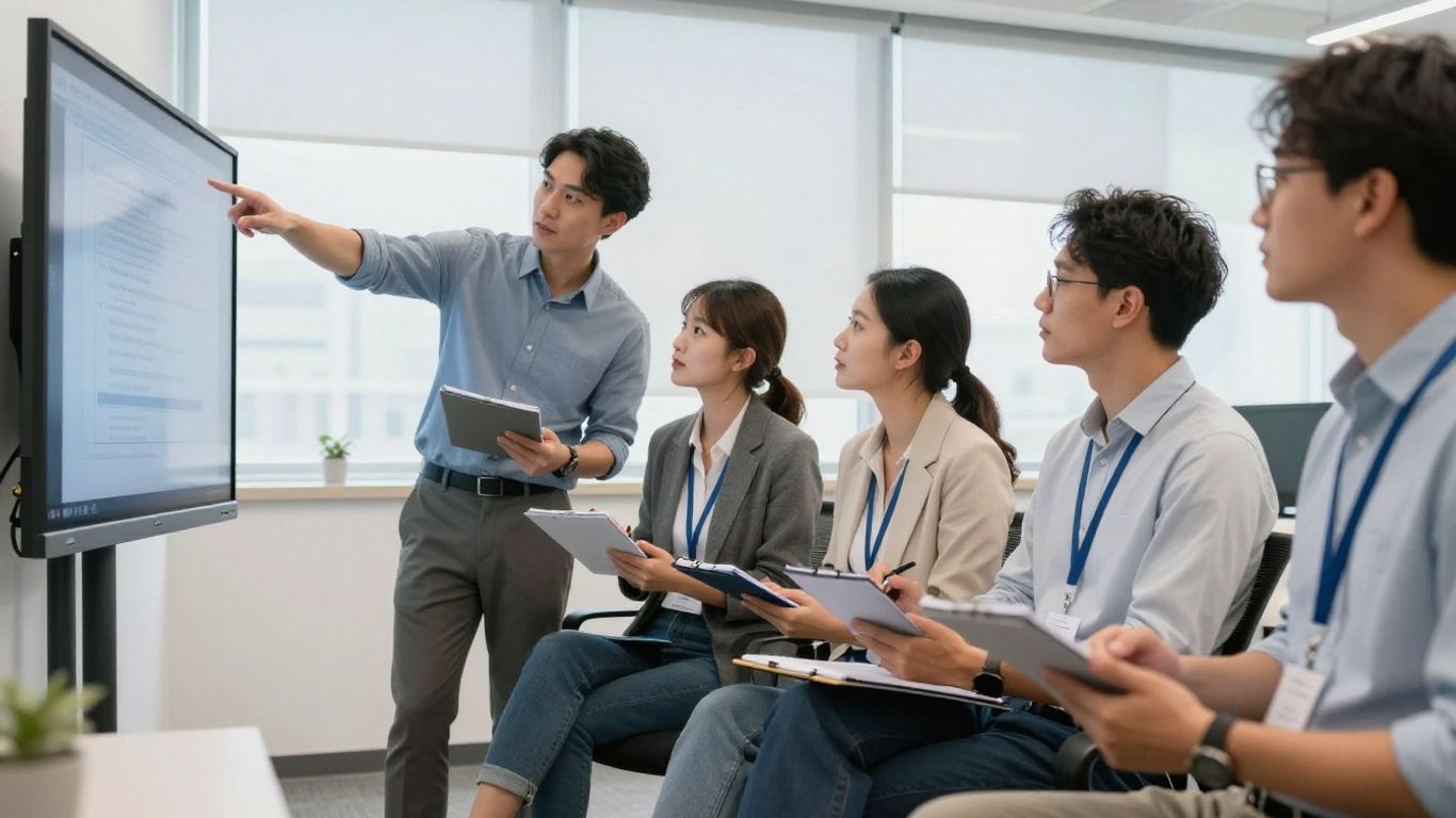 Professionals in training session, collaborating and learning.