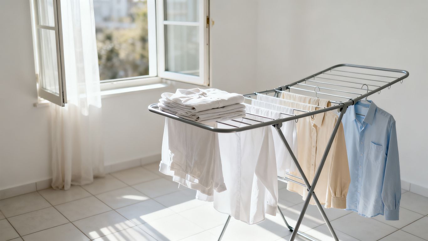 A clean laundry rack in a bright room