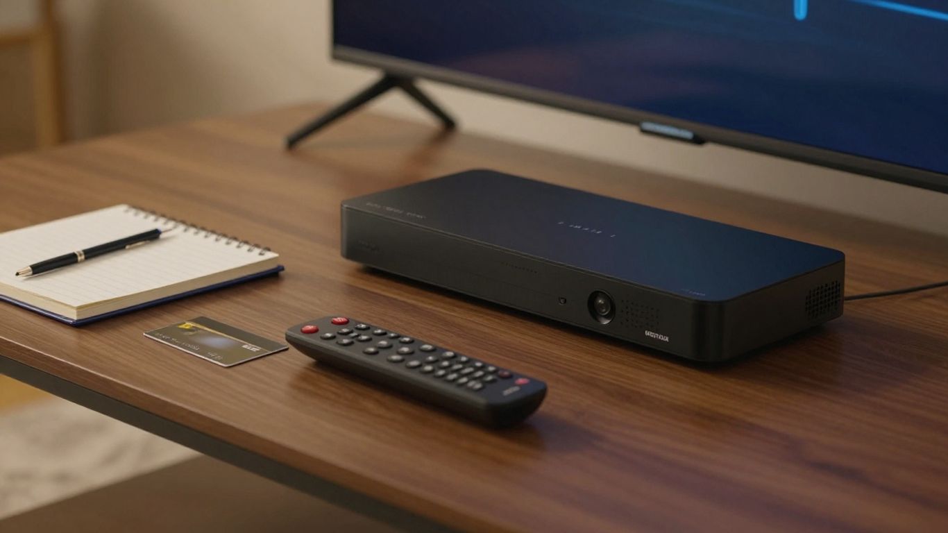 Remote control beside television and subscription cards