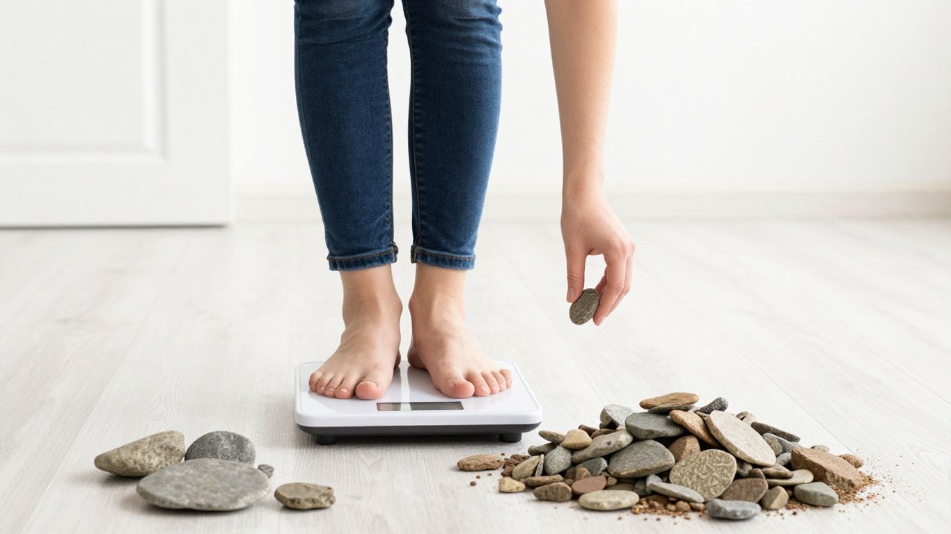 Person on scale with stones nearby