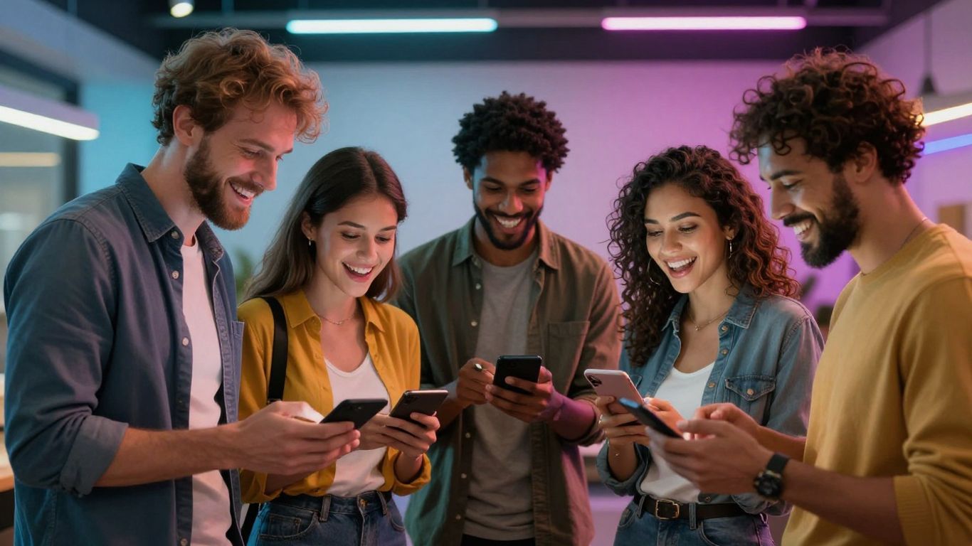 Digital marketing engagement. Diverse people engaging with digital devices globally.