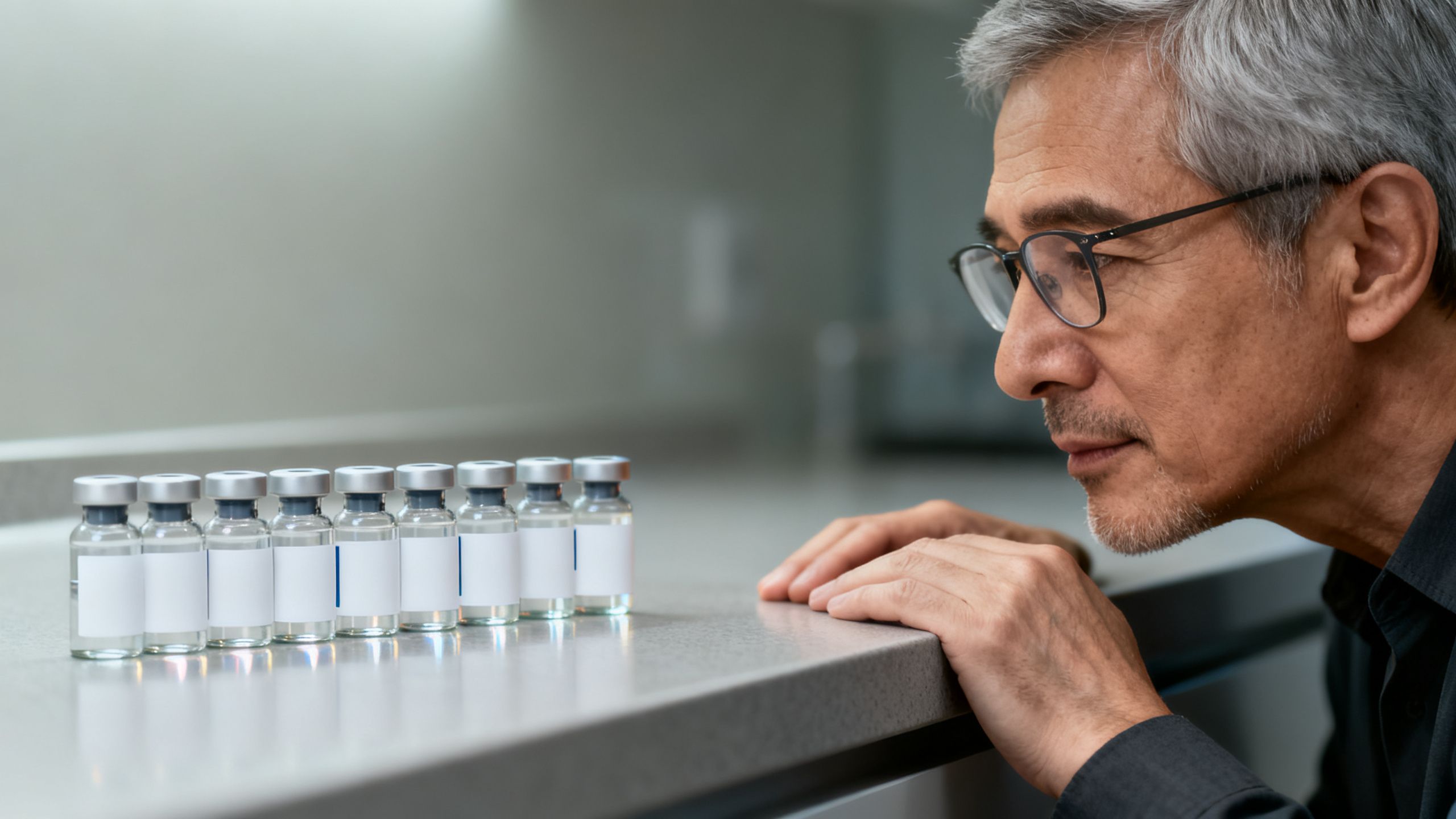 A man in his 50s looking thoughtfully at a collection of peptide vials on a clean, modern countertop, symbolizing personal research.