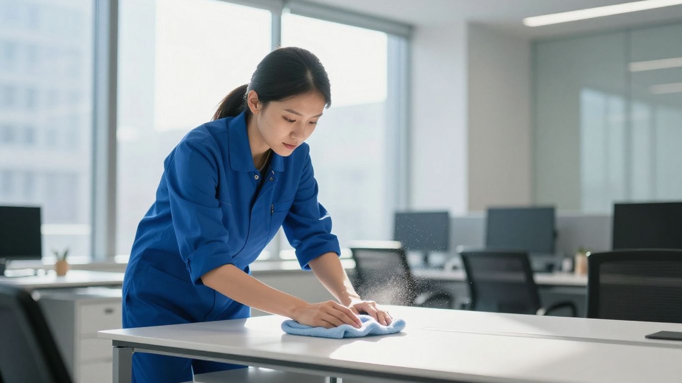 Professioneller Gebäudereiniger bei der Arbeit in einem modernen Büro.