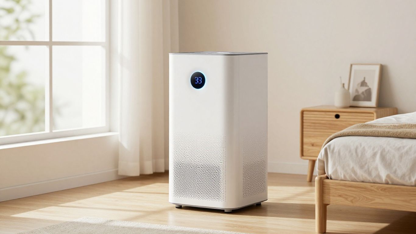 A clean bedroom with a modern climate control device