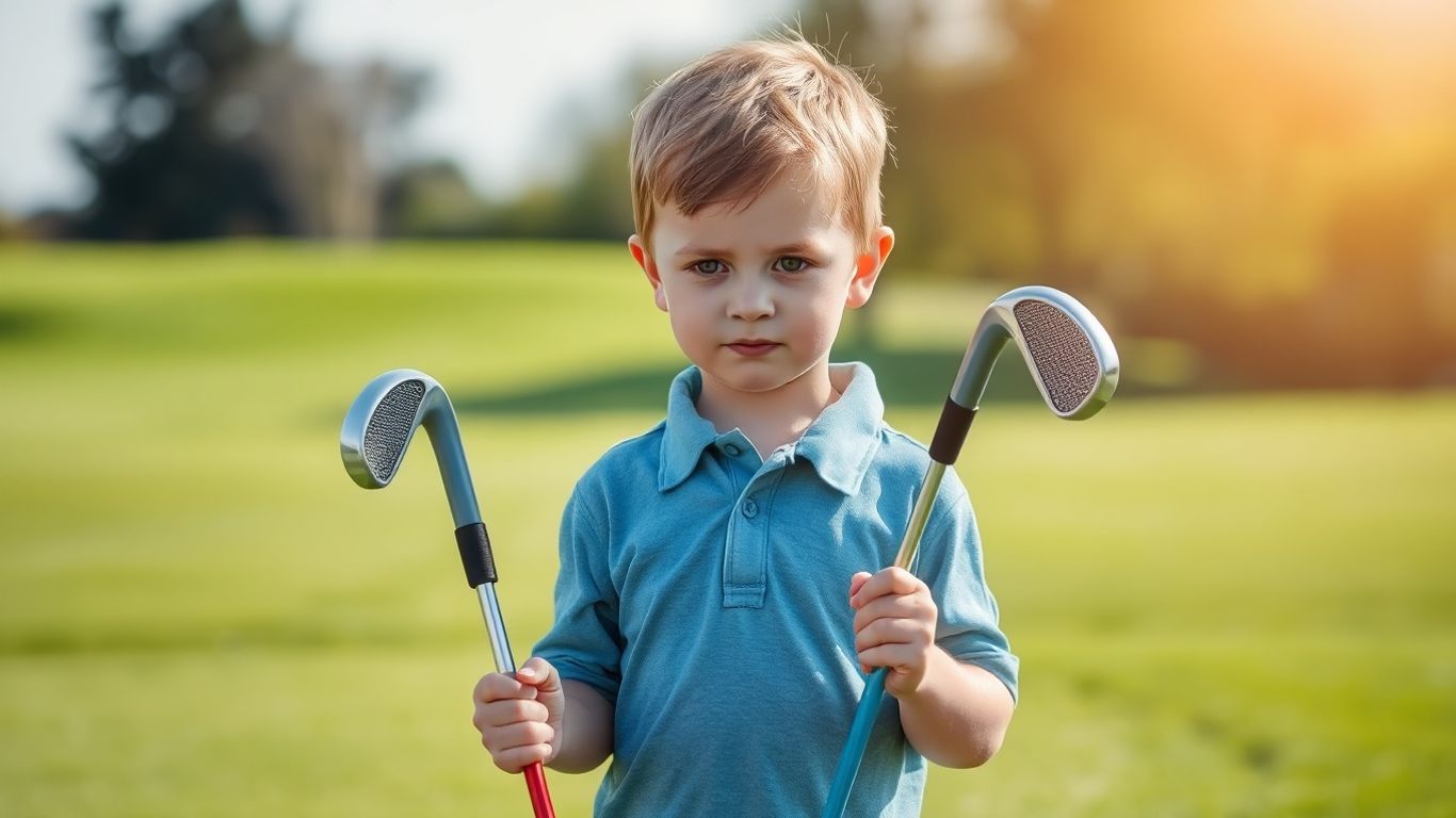 Child with oversized junior golf clubs on a golf course.