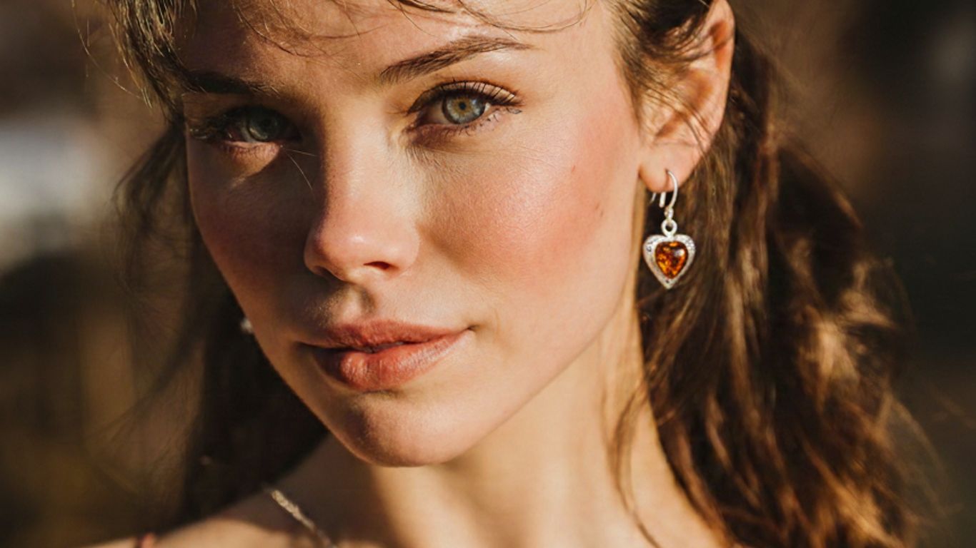 A person wearing amber heart jewelry, with a soft outdoor background.
