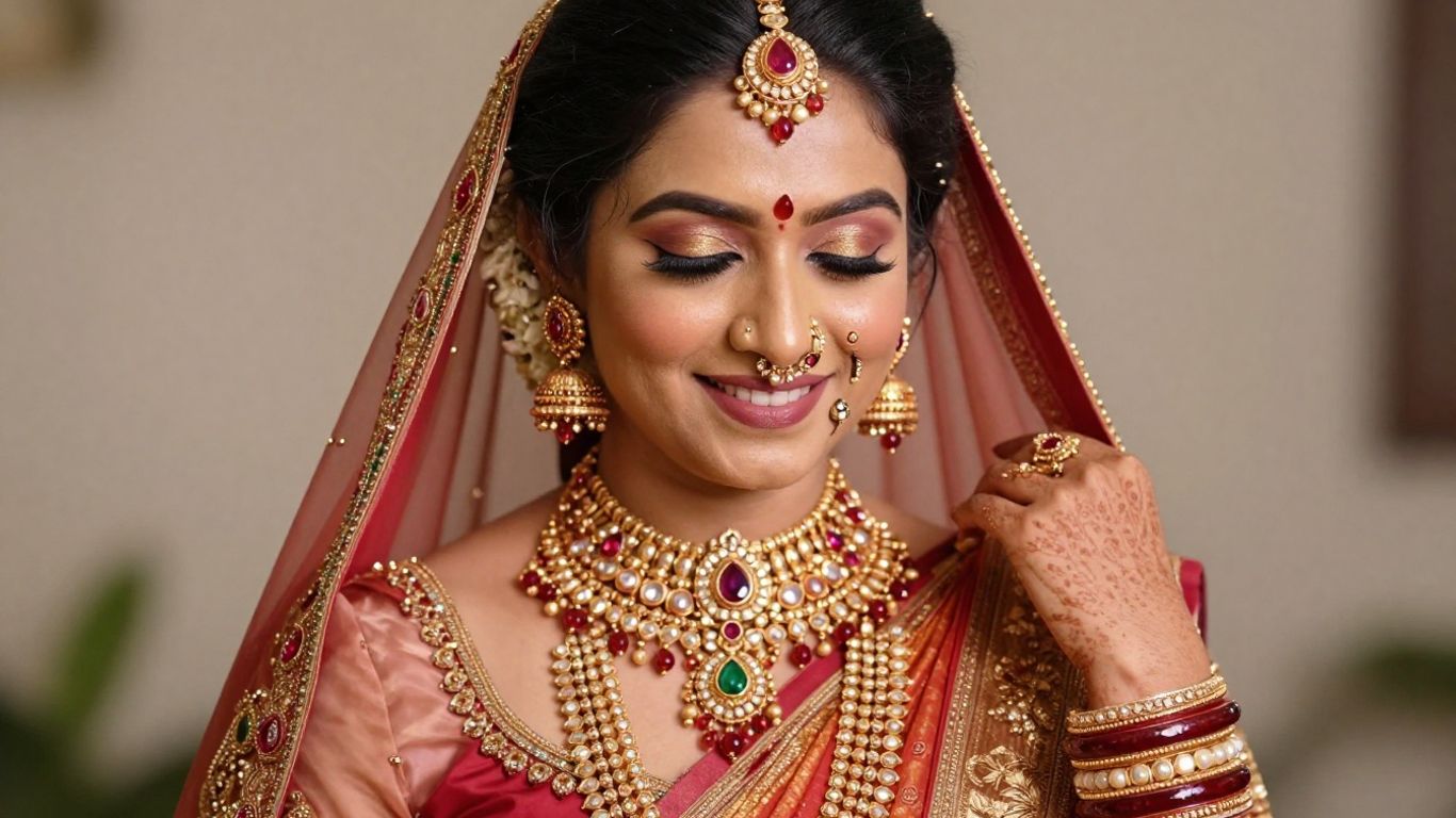 South Indian bride with modern gold and gemstone jewellery.