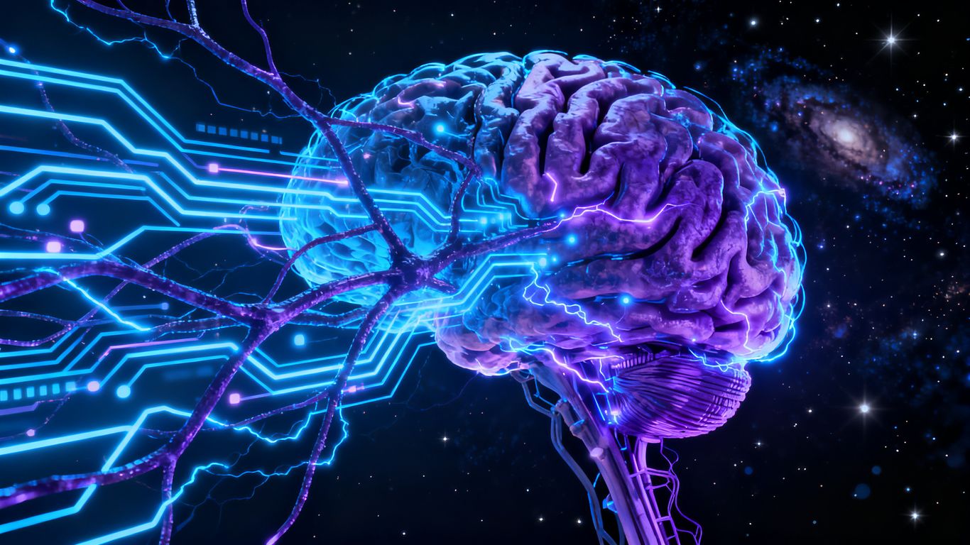 Human brain merging with AI circuits.