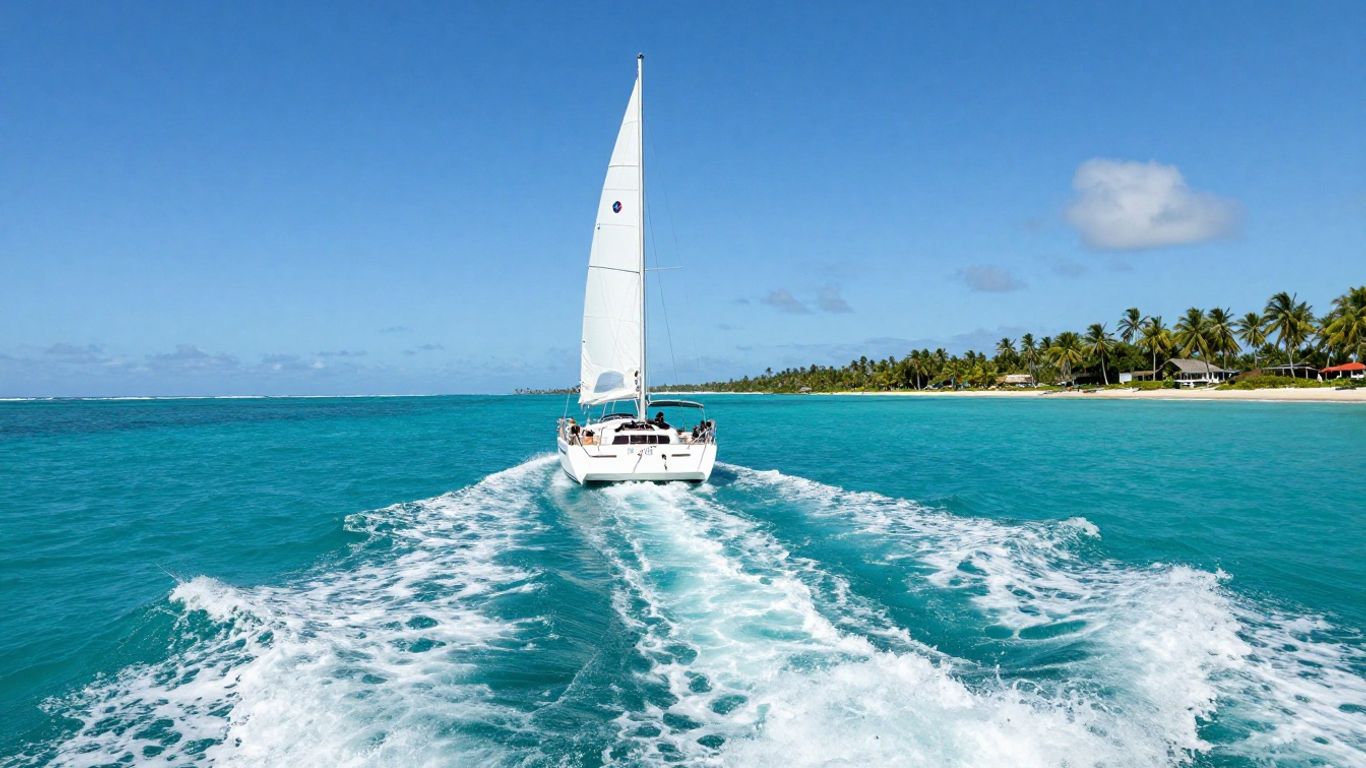 Sailboat on turquoise water near tropical islands.