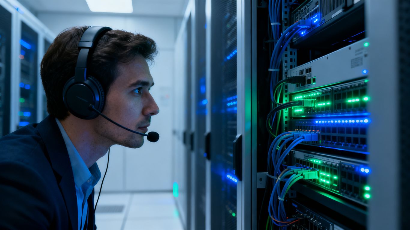 A technician inspecting server hardware in a dark room