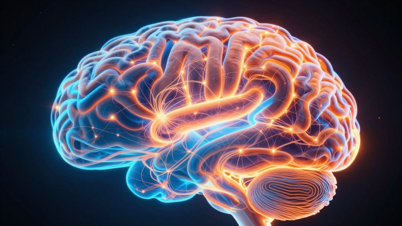 Brain with glowing, interconnected neural pathways.