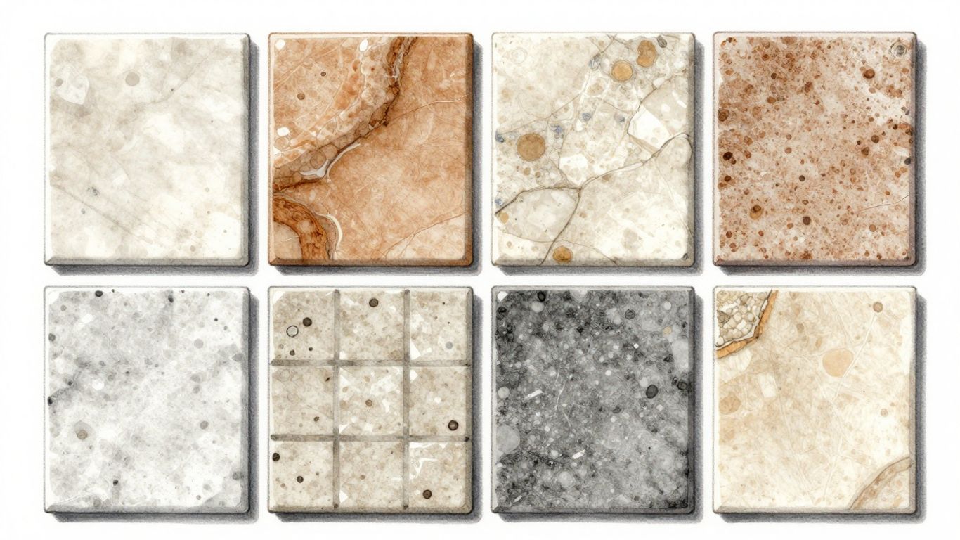Variety of quartz tiles in different colors and patterns.
