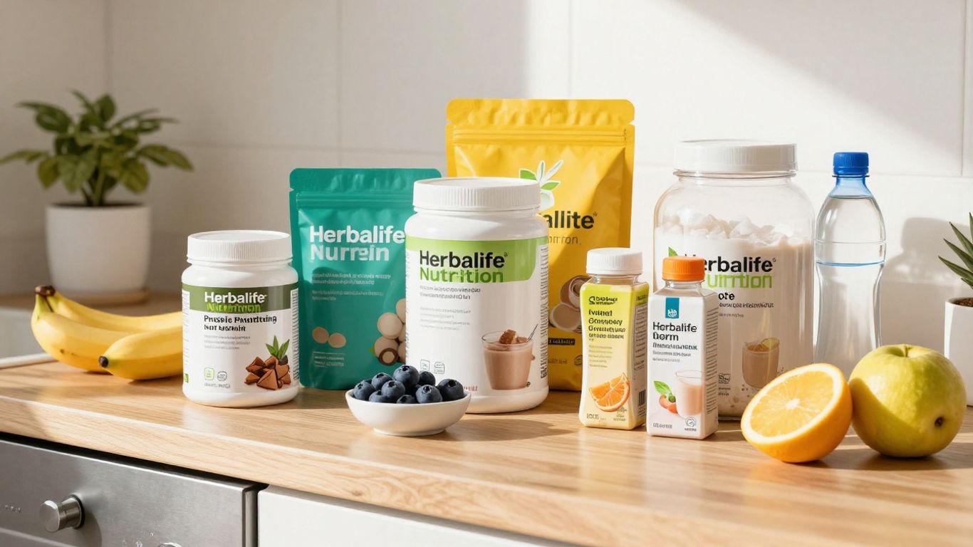 Herbalife products and fresh ingredients on a kitchen counter.