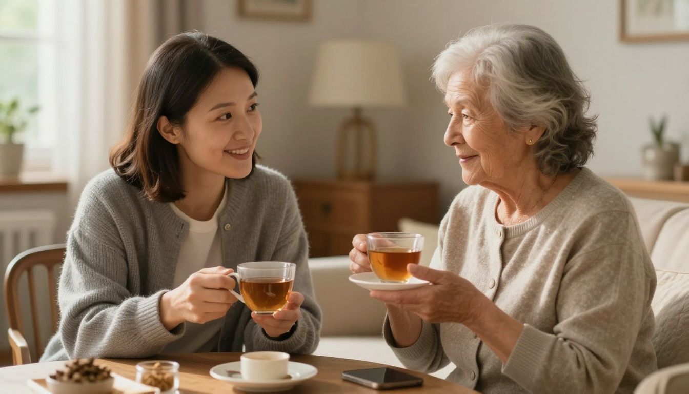 A compassionate caregiver sits with an elderly woman in a cozy, sunlit living room, sharing a warm cup of tea and a gentle conversation.