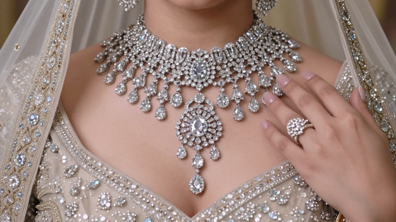 Bride wearing sparkling wedding jewellery