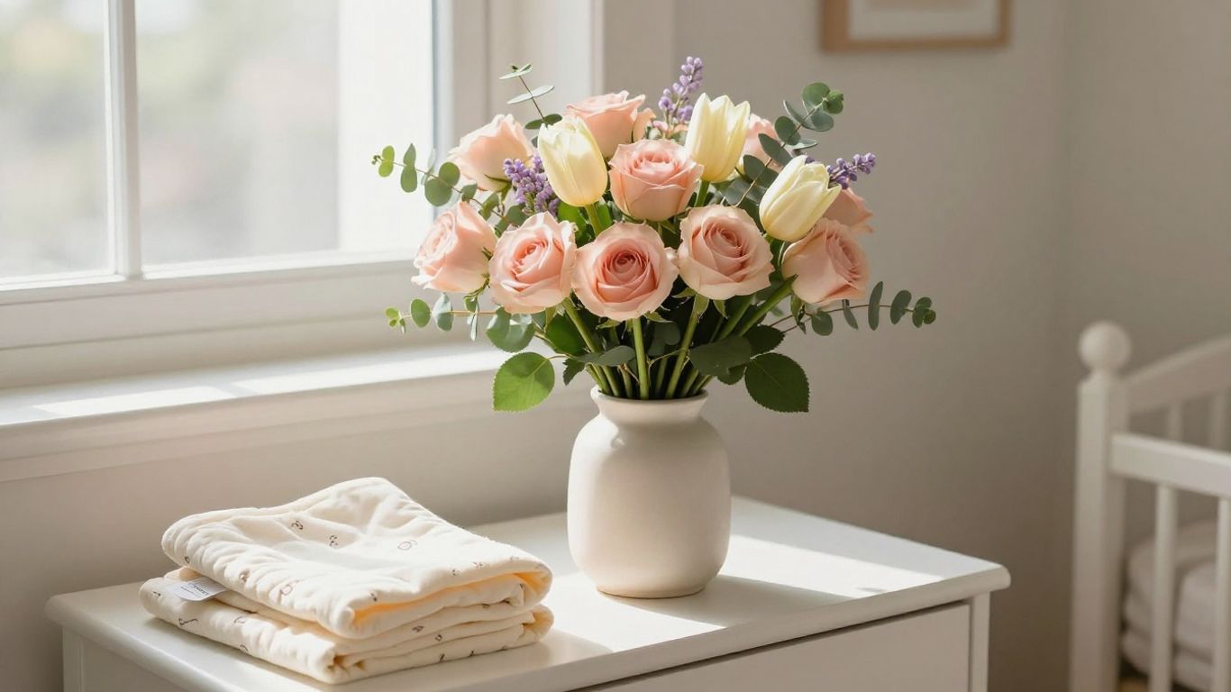 Soft pastel baby bouquet in a bright nursery