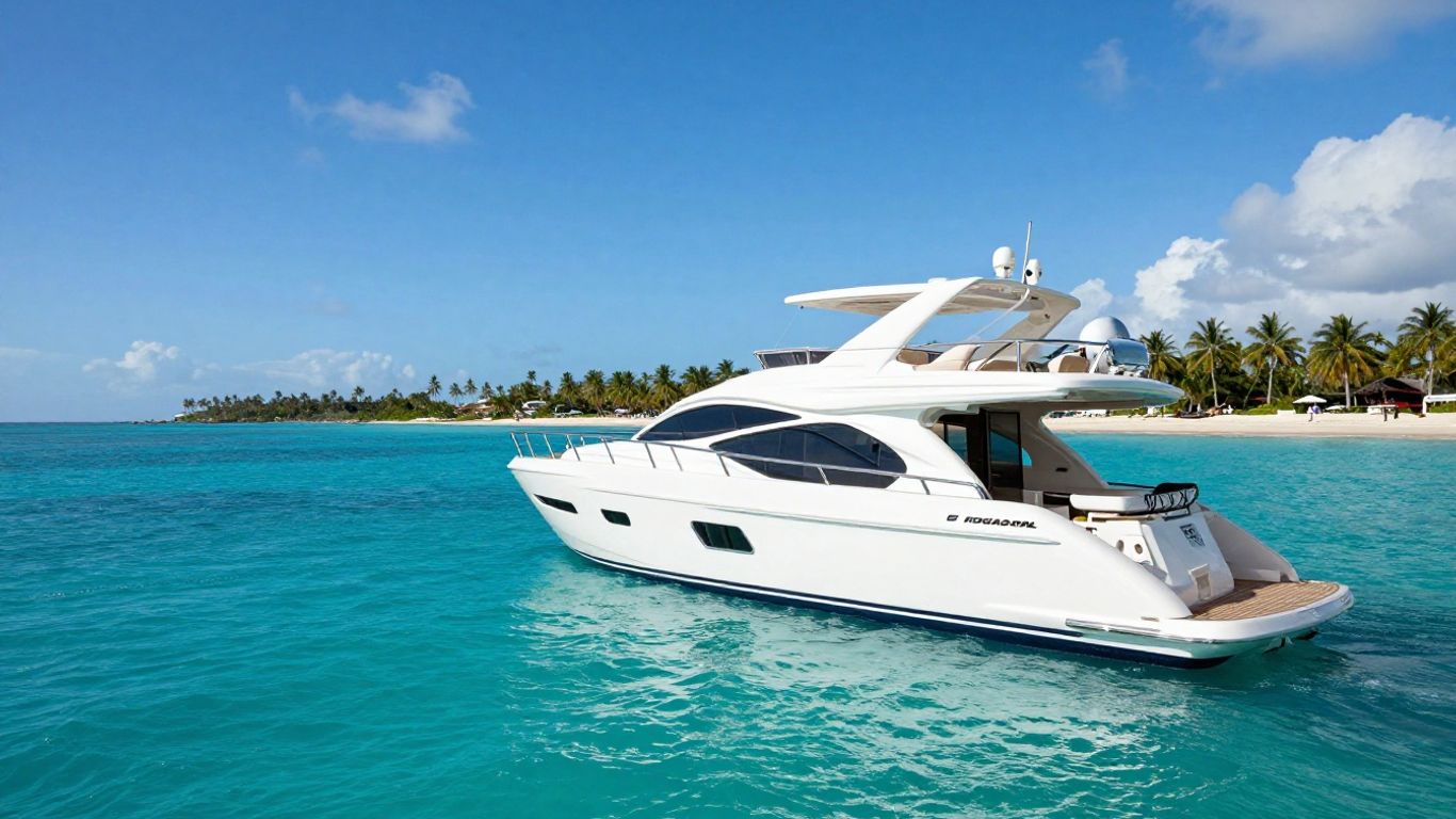 Luxury yacht sailing on clear blue ocean waters.