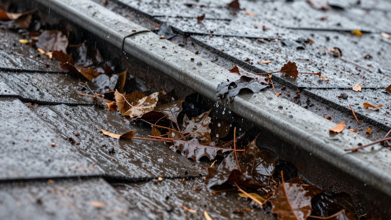 Overflowing gutters and rain on a roof.