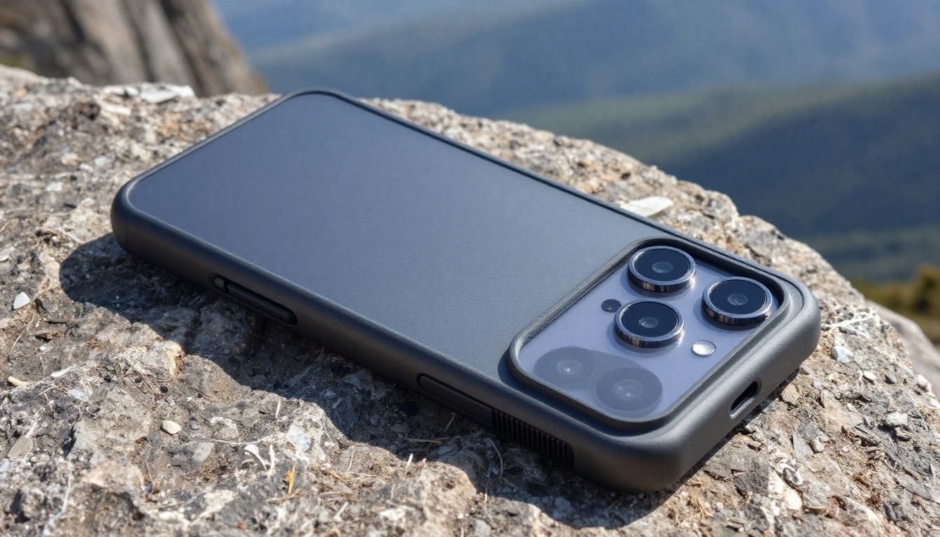 Close-up of a durable Galaxy S25 FE case resting on a rocky ledge during a hike in the Blue Mountains