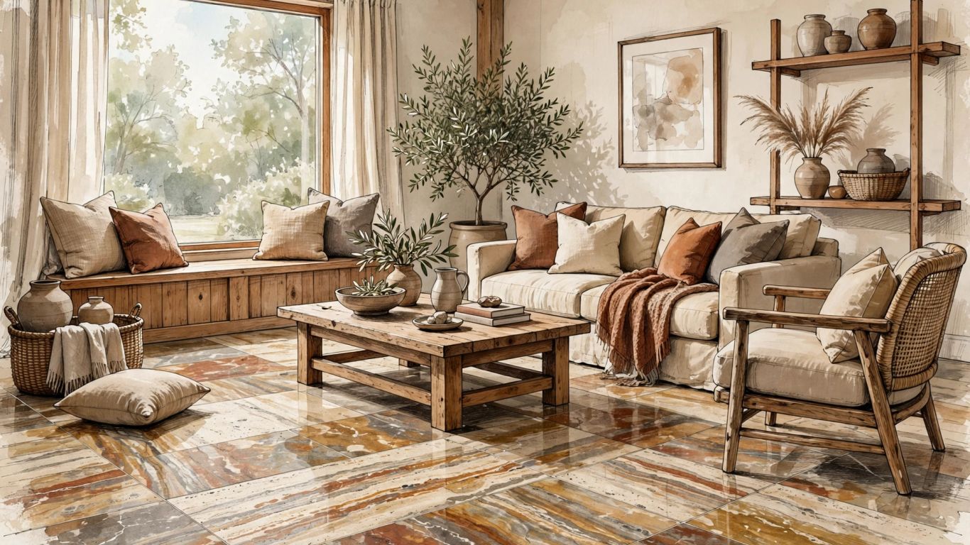 Scabos travertine in warm earthy interior