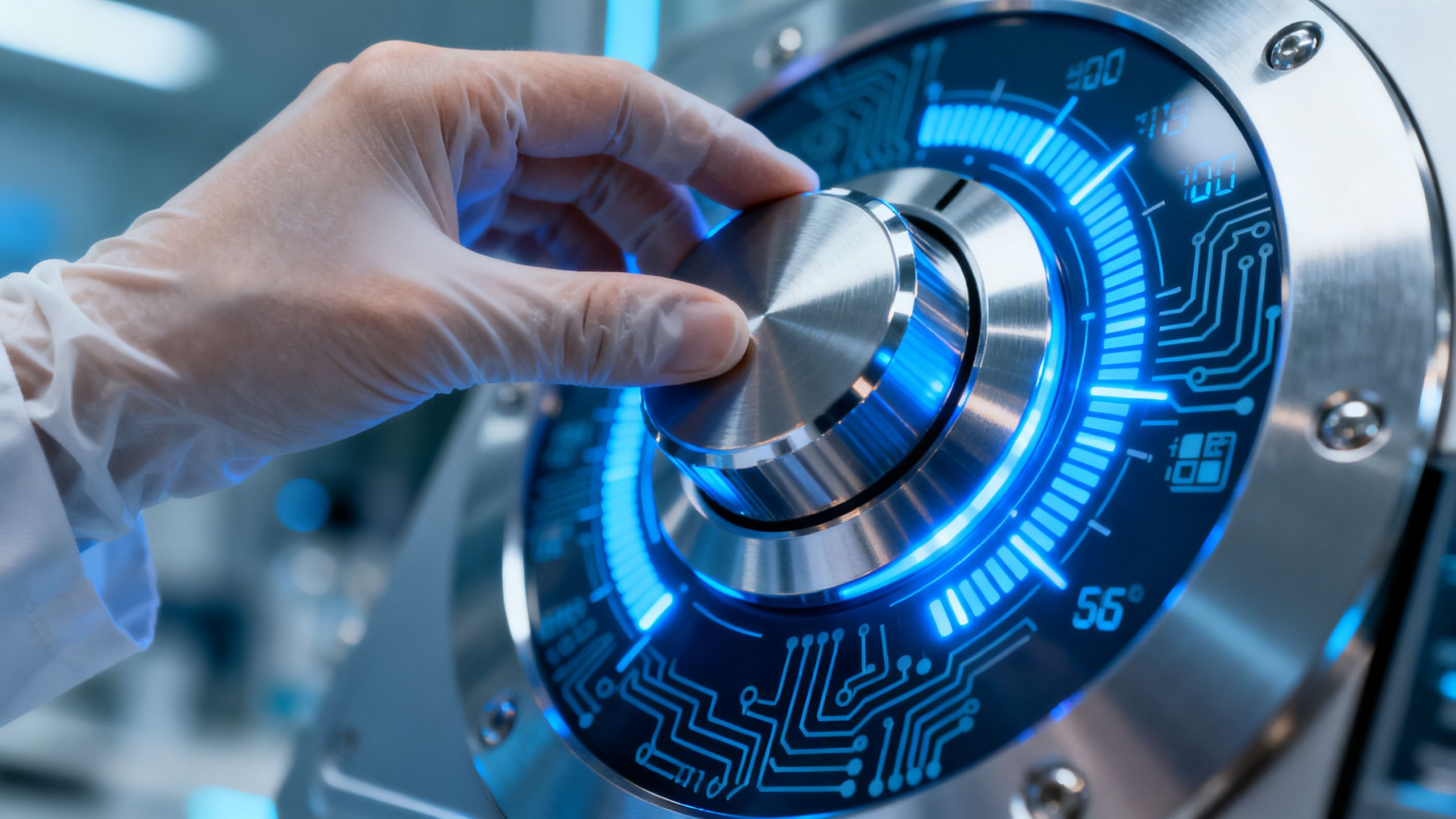 A close-up of a person's hand adjusting a futuristic-looking dial, symbolizing the fine-tuning of a peptide dosage for optimal results.