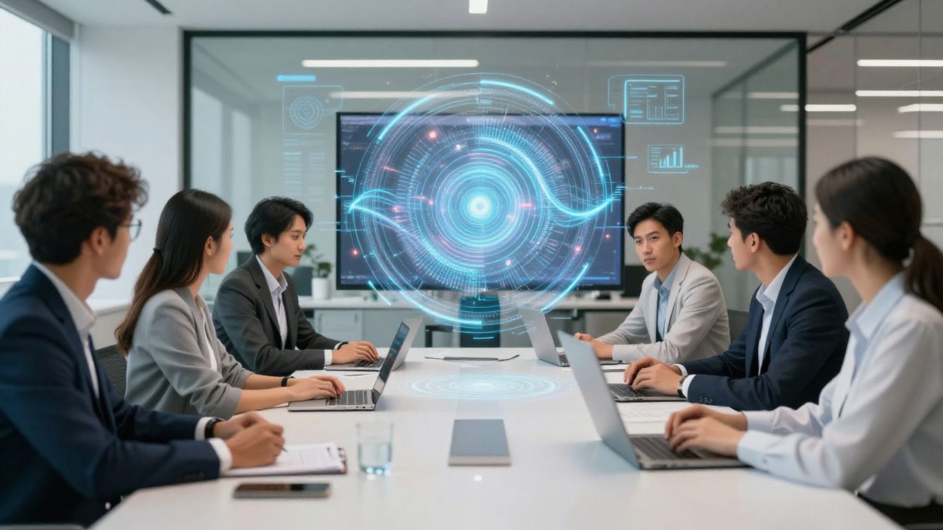 Professionals collaborating with AI technology