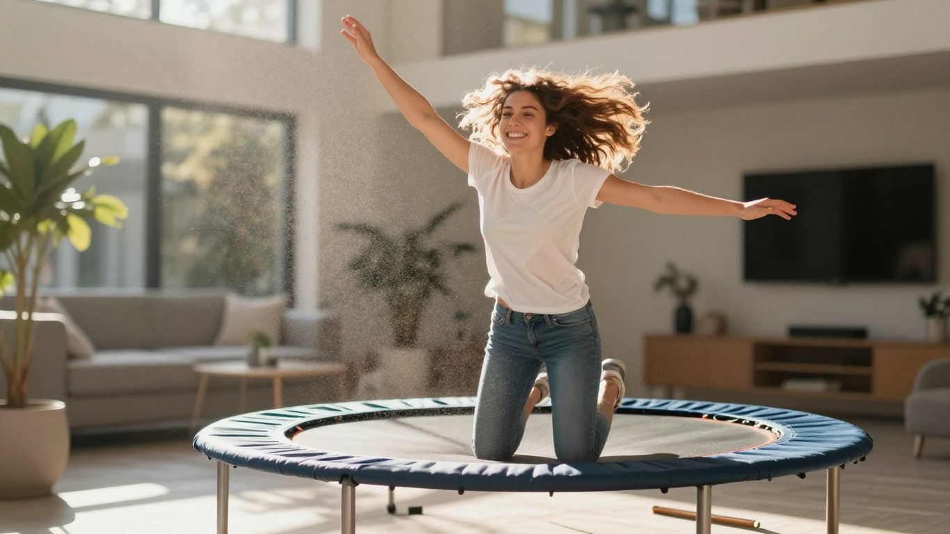Person rebounding on a mini-trampoline for energy.
