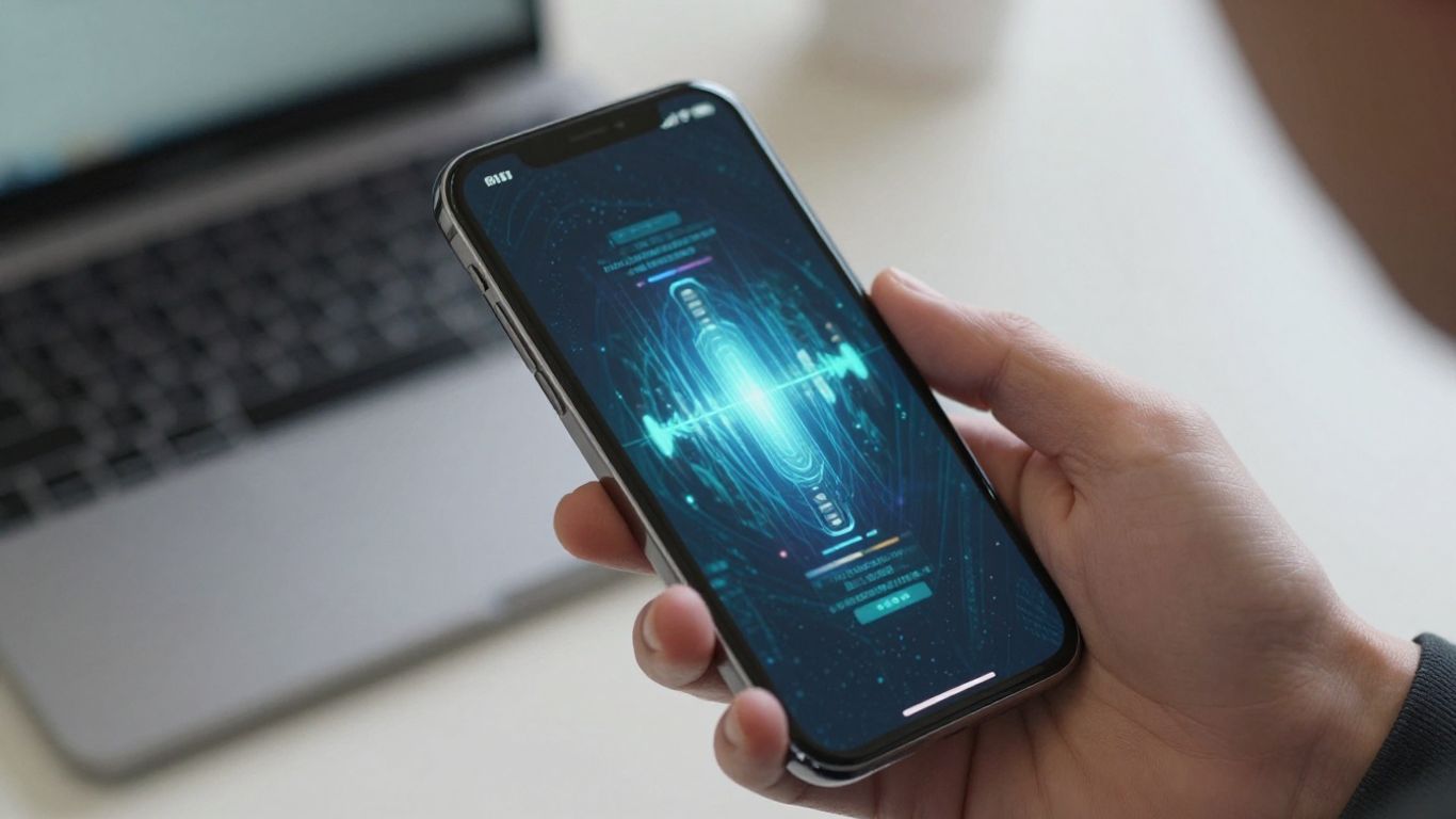Person holding smartphone with data visualizations