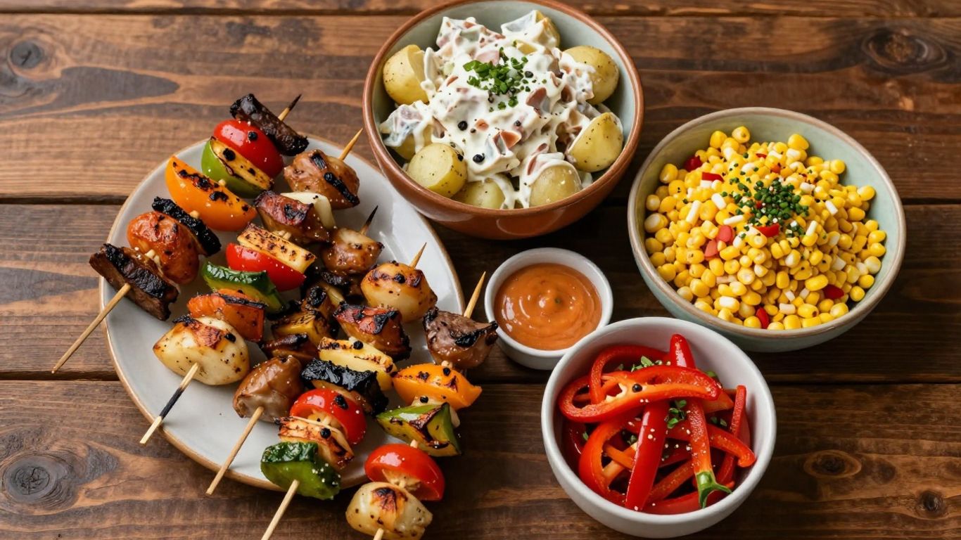 Assortment of colorful vegetarian BBQ side dishes on a wooden table.