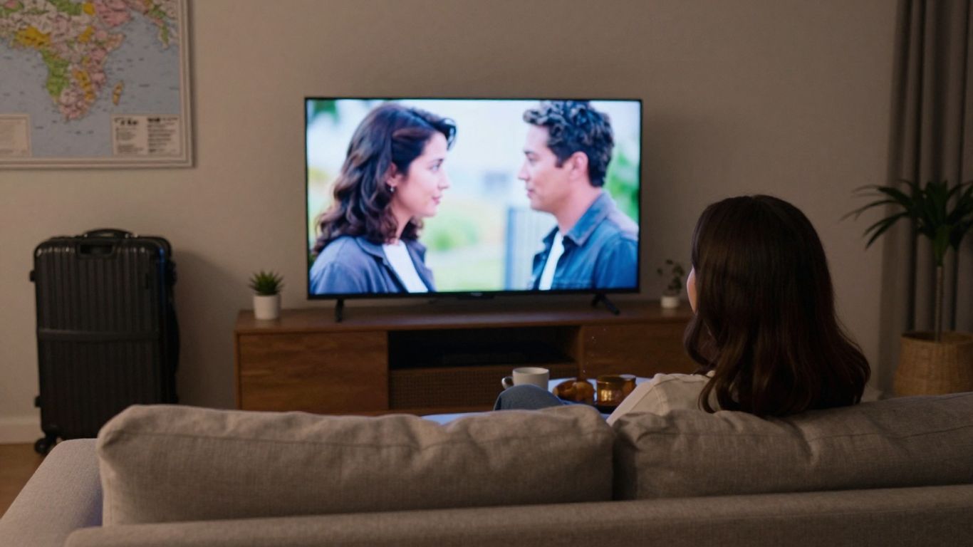 A viewer browsing a romantic comedy on a television