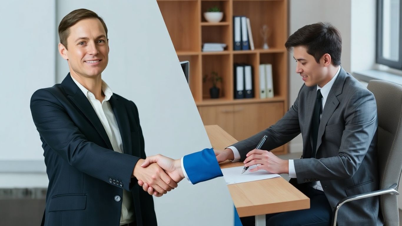 Personen im geschäftlichen Umfeld, die Verträge verhandeln oder eigenständig arbeiten.