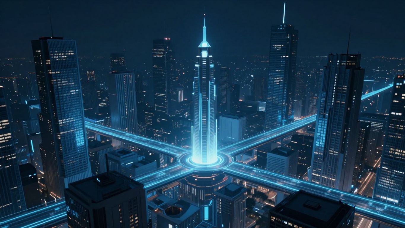 Futuristic cityscape with glowing digital pathways and a central pillar.