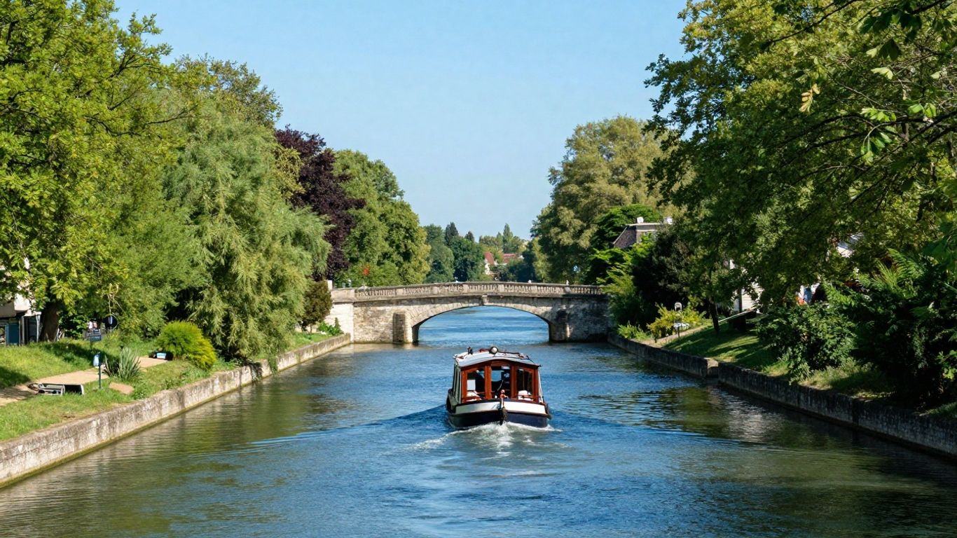 Barge on Canal de Garonne with bridges and trees.