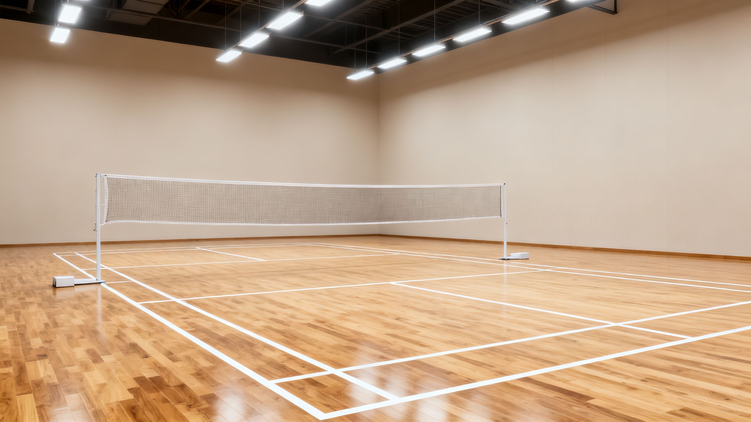Clean indoor badminton court with wooden floor and net.