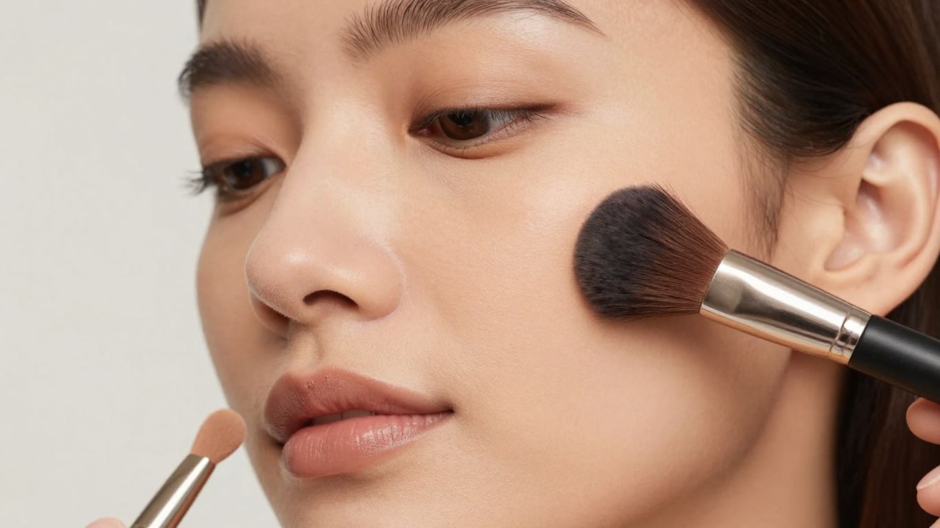 Woman applying foundation for mixed skin tones.