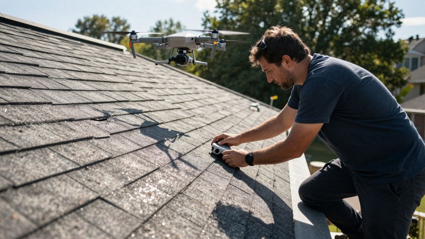 Contractor using drone for digital roof measurements.