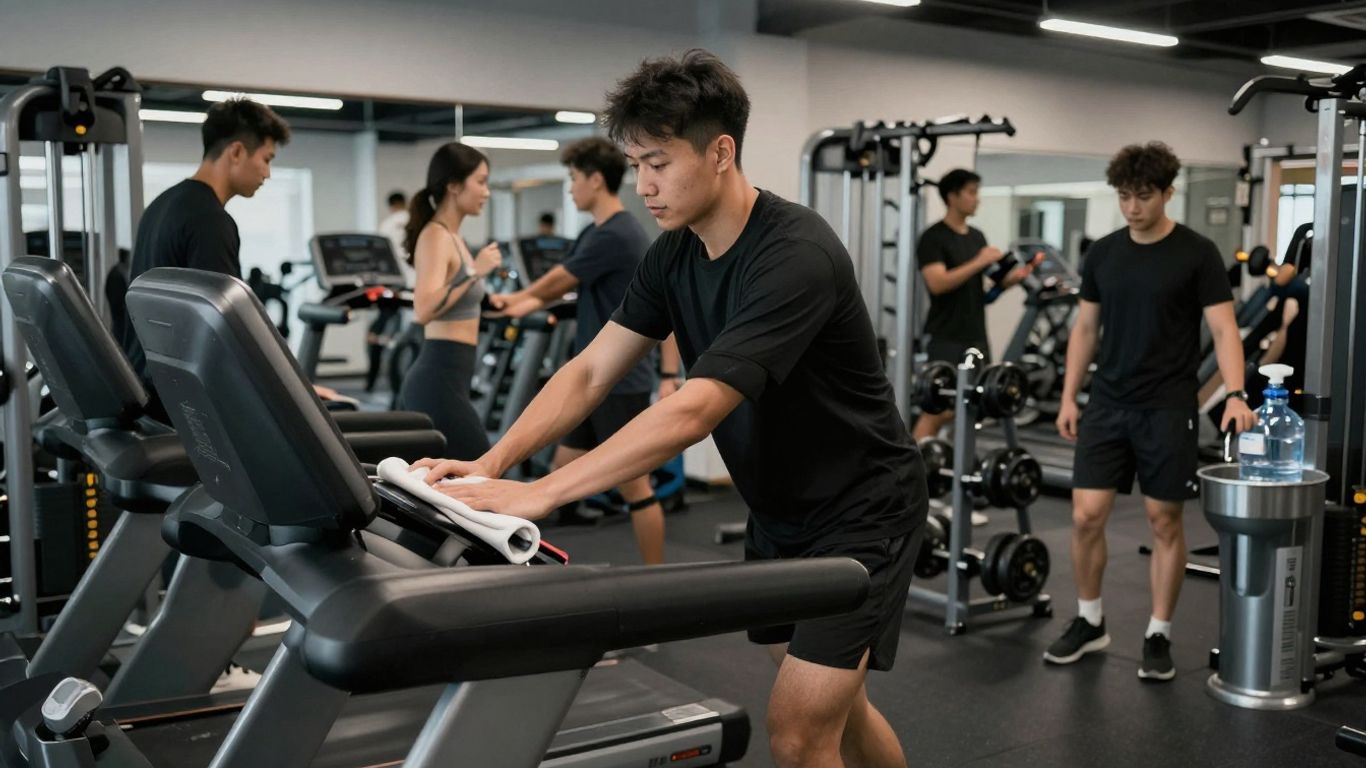 People using gym equipment and amenities respectfully.