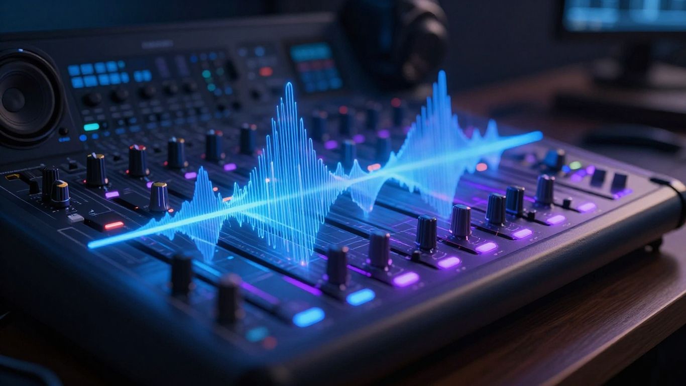 Futuristic sound mixing console with abstract sound waves.