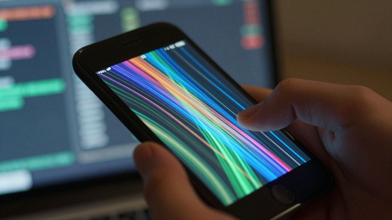 Person viewing abstract data streams on a smartphone screen.