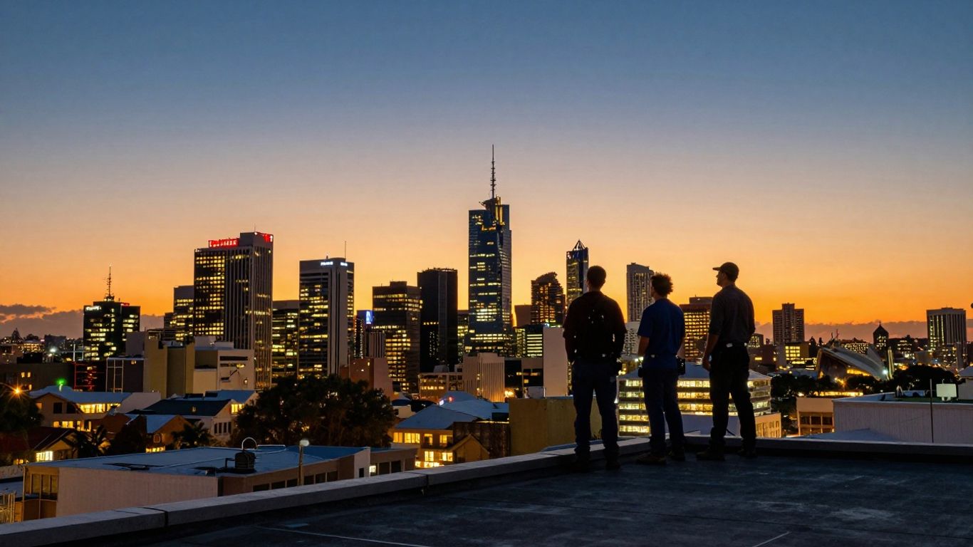 Australian cityscape at dusk with tradie silhouettes.