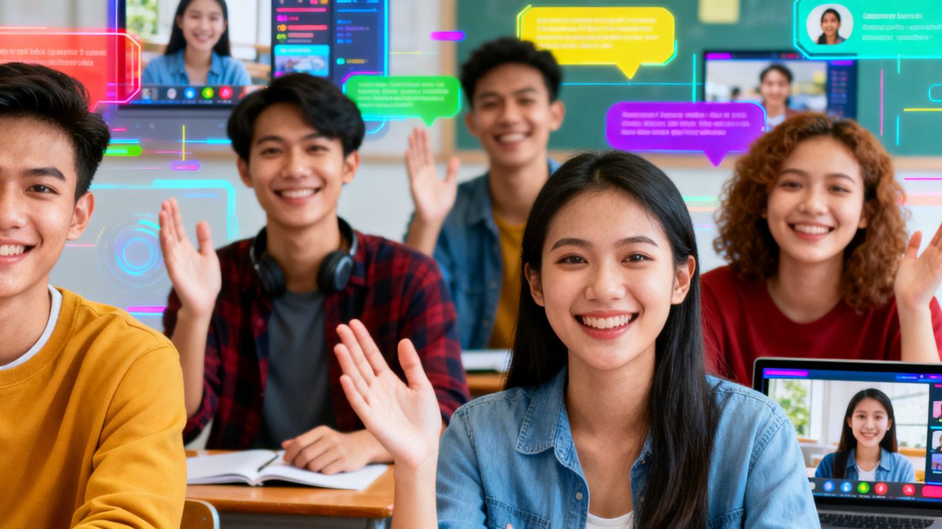 Students engaging in a lively online class session.
