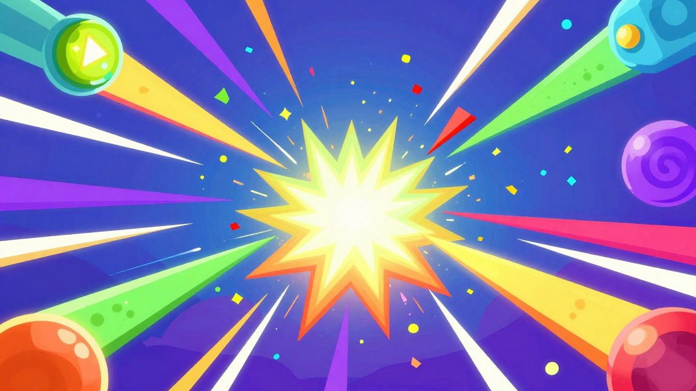 Colorful game elements exploding with fun and excitement.