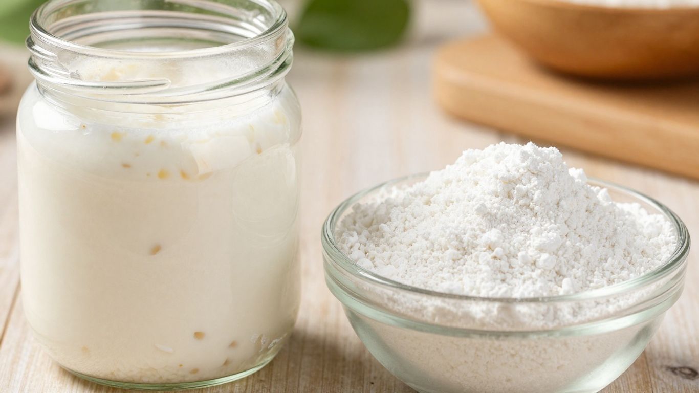 Grãos de kefir e pó de kefir em recipientes.