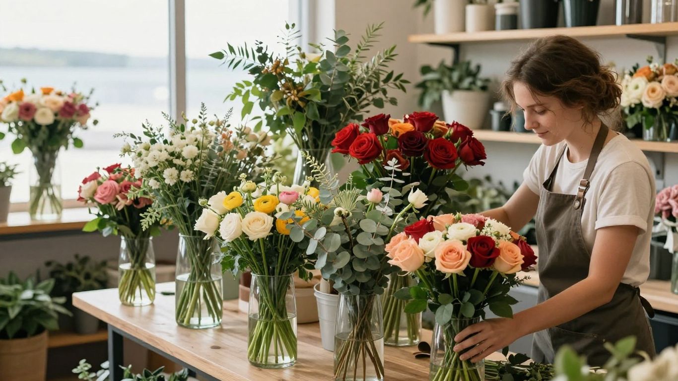 Florist arranging a colorful Seabrook bouquet