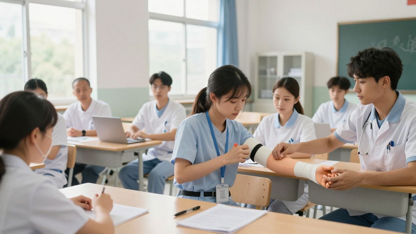 Students learning CNA skills in a classroom.