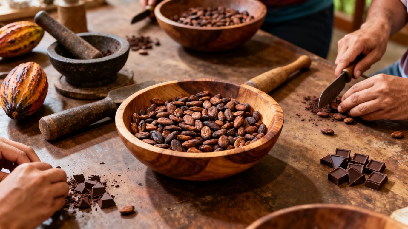 Hands-on cacao workshop with roasted beans and tools