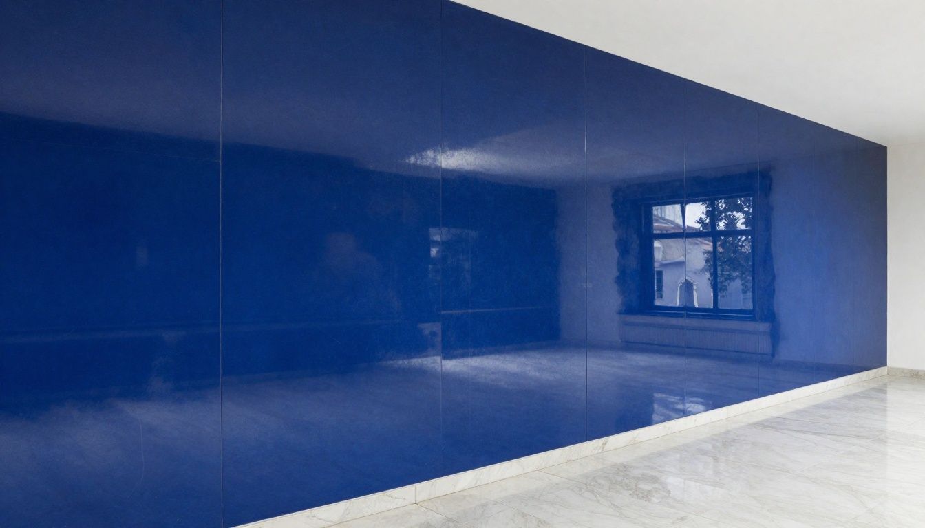 A deep blue, high-gloss Venetian plaster feature wall reflecting the room's interior like a mirror