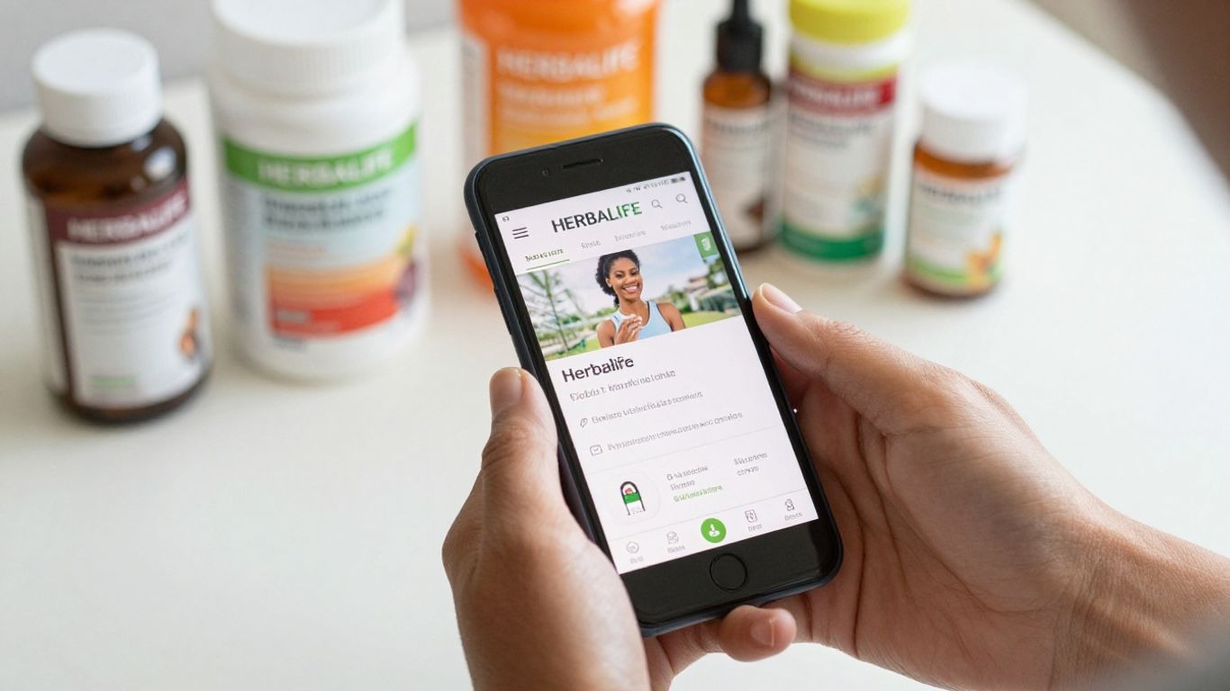 Hands holding phone with Herbalife website, products in background.