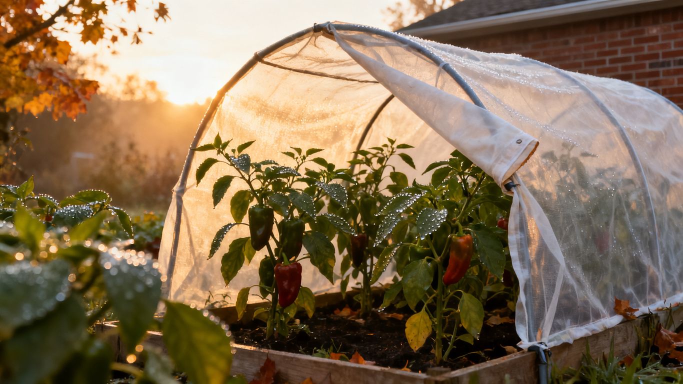 Geschütztes Paprikabeet am frühen Morgen